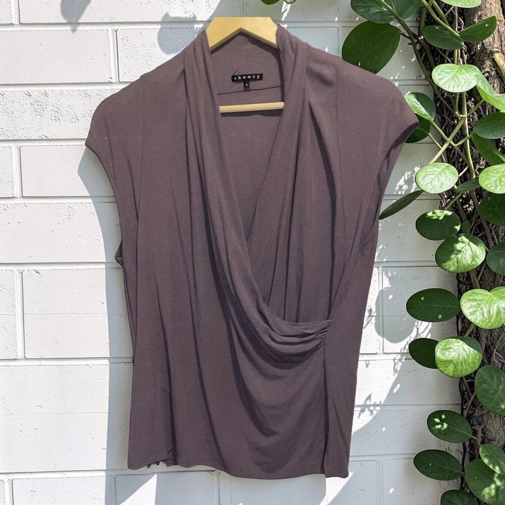 Theory Sleeveless Draped Surplice Wrap Top Taupe Stretch Jersey Knit L Large
